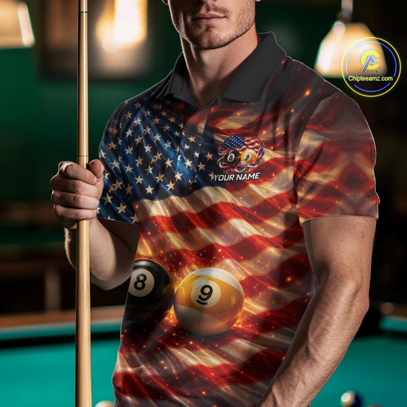 American Flag 8 Ball & 9 Ball Billiard Shirts For Men Custom Patriotic Pool Billiard Team Jersey NYN4126