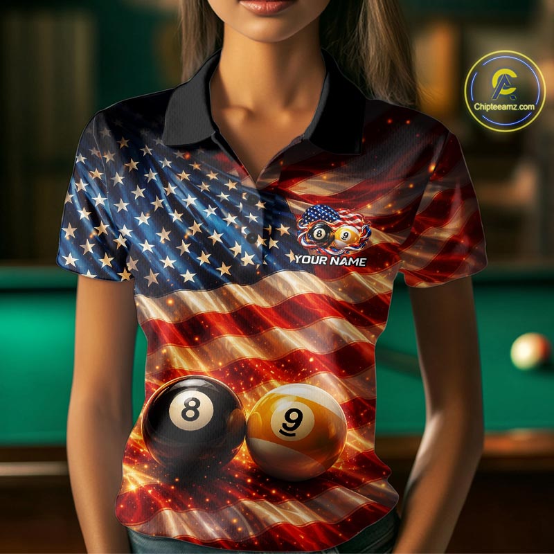 American Flag 8 Ball & 9 Ball Billiard Shirts For Women Custom Patriotic Pool Billiard Team Jersey NYN4126