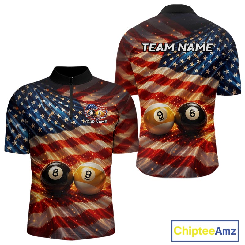 American Flag 8 Ball & 9 Ball Billiard Shirts For Men Custom Patriotic Pool Billiard Team Jersey NYN4126