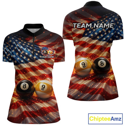 American Flag 8 Ball & 9 Ball Billiard Shirts For Women Custom Patriotic Pool Billiard Team Jersey NYN4126