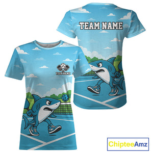 Custom Shark Plays Ball Funny Pickleball T-Shirt For Women Pickleball Tournament Jersey NYN1439
