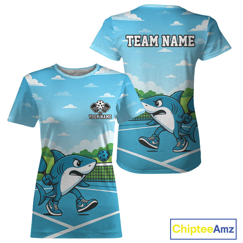 Custom Shark Plays Ball Funny Pickleball T-Shirt For Women Pickleball Tournament Jersey NYN1439