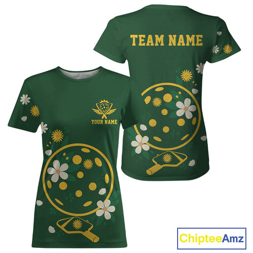 Custom Green And Yellow Flowers Pickleball Paddle T-Shirt For Women Outfit Pickleball Shirt NYN1442