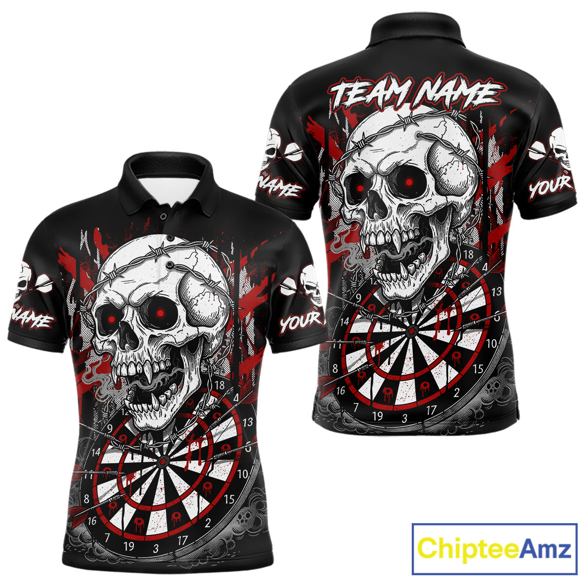 Custom Red Grey Skull Barbed Wire Dartboard Grunge Darts Polo Shirt For Men Dart Gifts NYN1968