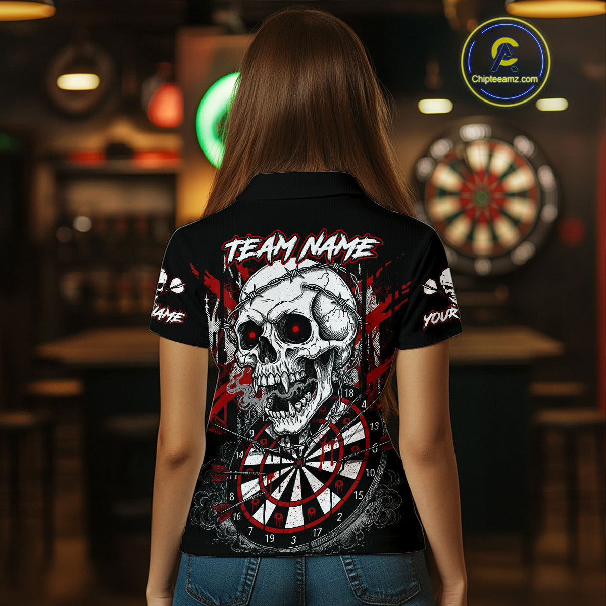 Custom Red Grey Skull Barbed Wire Dartboard Grunge Darts Polo Shirt For Women Dart Gifts NYN1968
