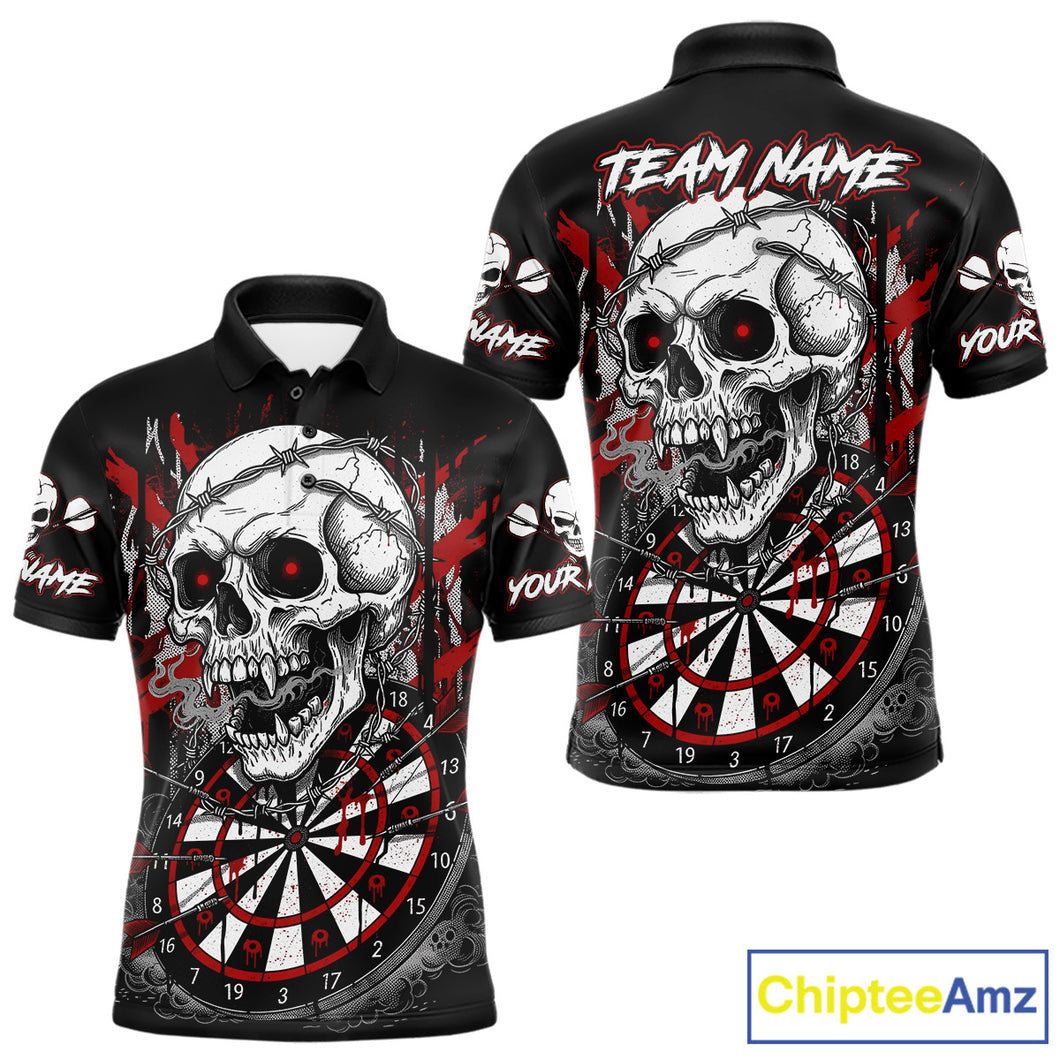 Custom Red Grey Skull Barbed Wire Dartboard Grunge Darts Polo Shirt For Men Dart Gifts NYN1968