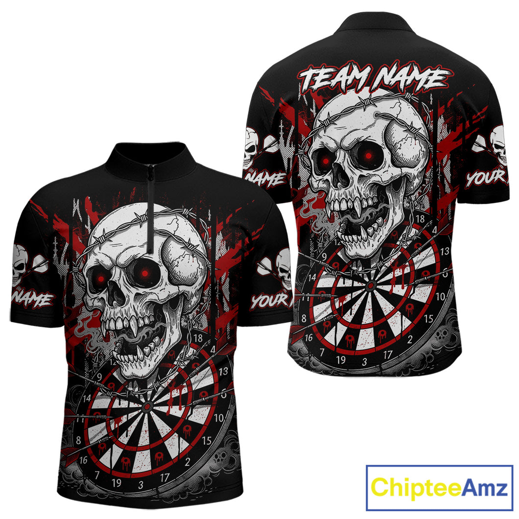 Custom Red Grey Skull Barbed Wire Dartboard Grunge Darts Quarter-Zip Shirt For Men Dart Gifts NYN1968