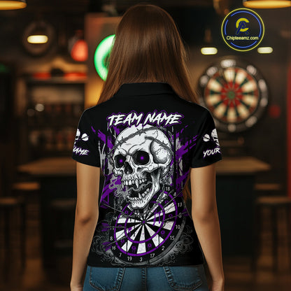 Custom Purple Grey Skull Barbed Wire Dartboard Grunge Darts Polo Shirt For Women Dart Gifts NYN1969