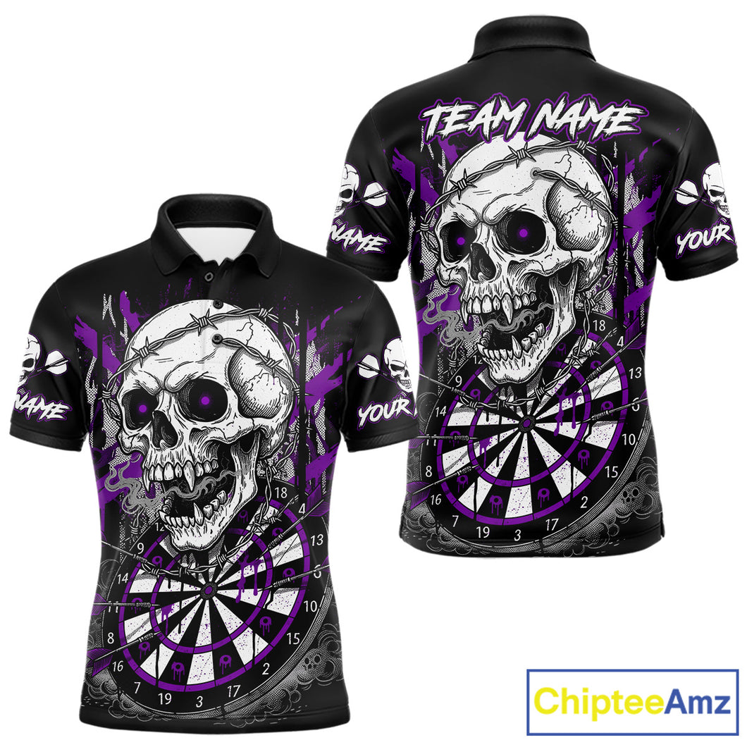 Custom Purple Grey Skull Barbed Wire Dartboard Grunge Darts Polo Shirt For Men Dart Gifts NYN1969