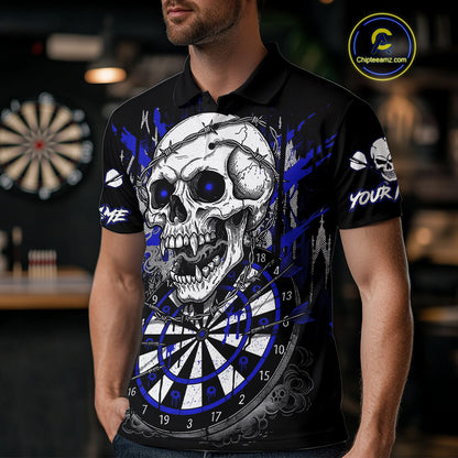 Custom Blue Grey Skull Barbed Wire Dartboard Grunge Darts Polo Shirt For Men Dart Gifts NYN1970