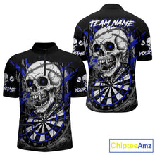 Load image into Gallery viewer, Custom Blue Grey Skull Barbed Wire Dartboard Grunge Darts Quarter-Zip Shirt For Men Dart Gifts NYN1970