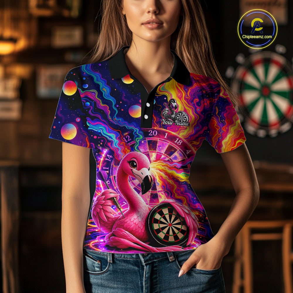 Personalized Cute Flamingo Dart Polo & Quarter Zip Shirt For Women Colorful Rainbow Paint Darts Jersey NYN2869