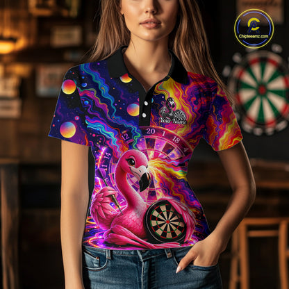 Personalized Cute Flamingo Dart Polo & Quarter Zip Shirt For Women Colorful Rainbow Paint Darts Jersey NYN2869