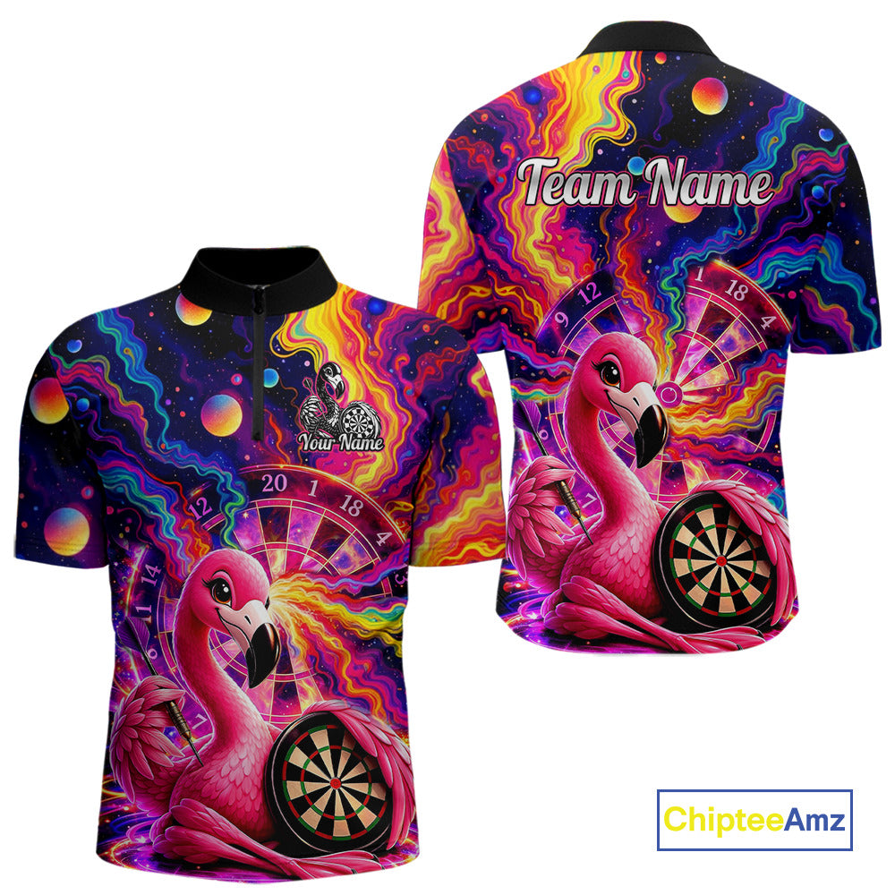 Personalized Cute Flamingo Dart Polo & Quarter Zip Shirt For Men Colorful Rainbow Paint Darts Jersey NYN2869