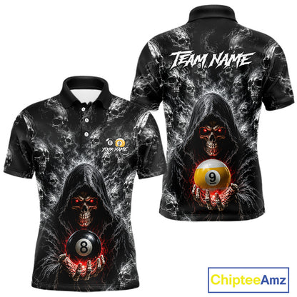 Custom men's billiard polo shirt featuring Smoke Grim Reaper with 8 Ball & 9 Ball graphics, personalized pool league jersey billiard players, custom billiard uniform, cue sports apparel, athletic performance polo, matching sports team shirt.