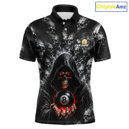 Custom men's billiard polo shirt featuring Smoke Grim Reaper with 8 Ball & 9 Ball graphics, personalized pool league jersey billiard players, custom billiard uniform, cue sports apparel, athletic performance polo, matching sports team shirt.