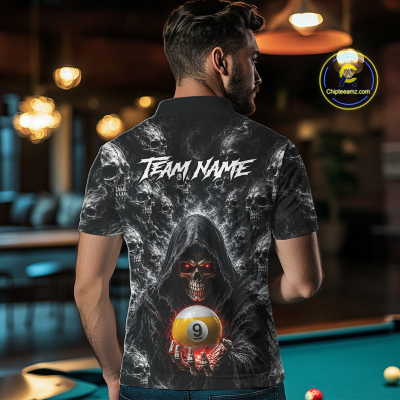 Male model wearing personalized Smoke Grim Reaper billiard polo featuring 8 Ball & 9 Ball graphics, custom pool team apparel, billiard  league uniform, performance athletic wear.