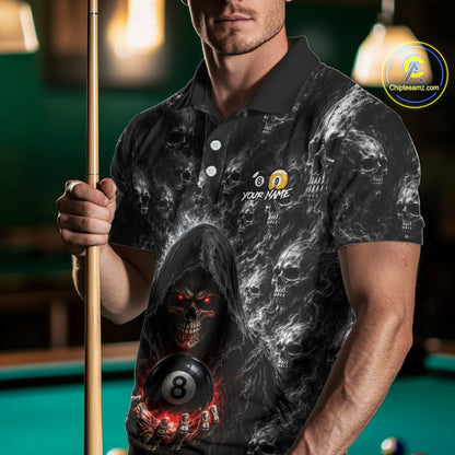 Male model wearing personalized Smoke Grim Reaper billiard polo featuring 8 Ball & 9 Ball graphics, custom pool team apparel, billiard  league uniform, performance athletic wear.