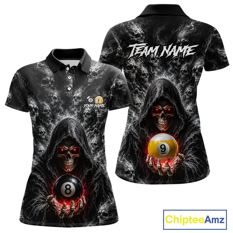 Custom women's billiard polo shirt featuring Smoke Grim Reaper with 8 Ball & 9 Ball artwork, personalized pool league jersey for APA, BCA, VNEA and TAP tournaments, custom team uniform, cue sports apparel, billiard club shirt, matching team outfit, moisture-wicking performance polo, gift for pool players.