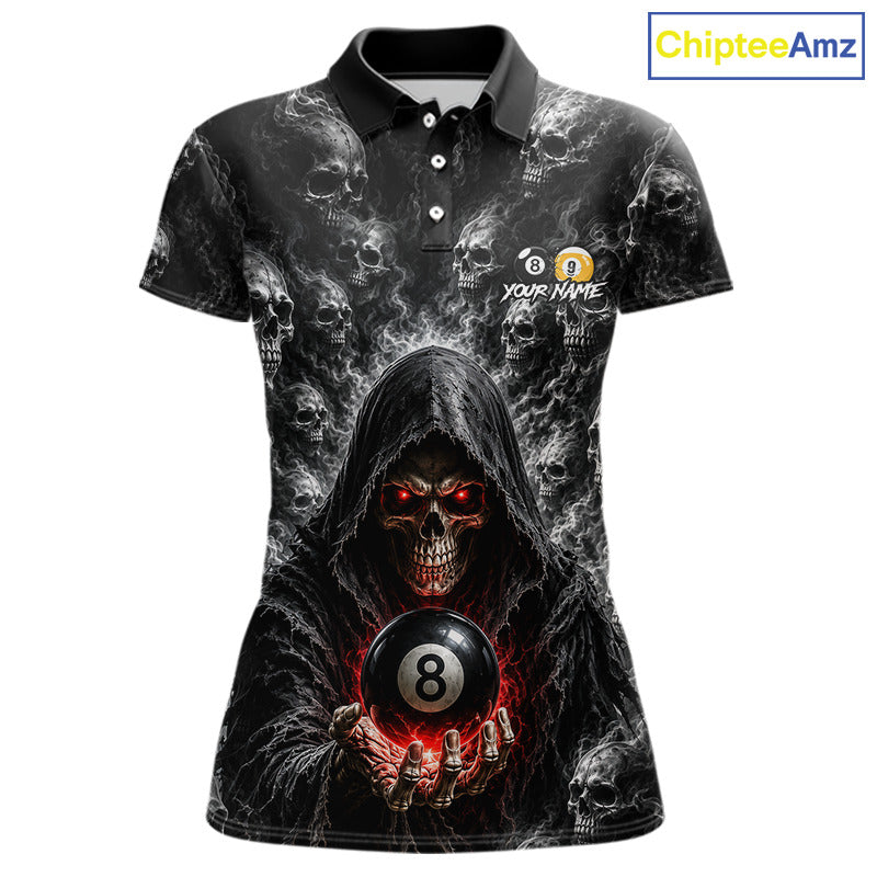 Custom women's billiard polo shirt featuring Smoke Grim Reaper with 8 Ball & 9 Ball artwork, personalized pool league jersey for APA, BCA, VNEA and TAP tournaments, custom team uniform, cue sports apparel, billiard club shirt, matching team outfit, moisture-wicking performance polo, gift for pool players.