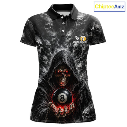 Custom women's billiard polo shirt featuring Smoke Grim Reaper with 8 Ball & 9 Ball artwork, personalized pool league jersey for APA, BCA, VNEA and TAP tournaments, custom team uniform, cue sports apparel, billiard club shirt, matching team outfit, moisture-wicking performance polo, gift for pool players.