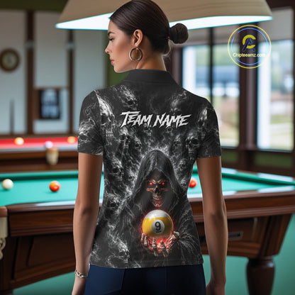 Female model wearing personalized Smoke Grim Reaper billiard polo with 8 Ball & 9 Ball artwork, custom pool league apparel, APA team shirt, BCA tournament uniform, cue sports fashion, matching sportswear, gift for billiard lovers.