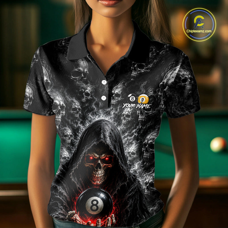 Female model wearing personalized Smoke Grim Reaper billiard polo with 8 Ball & 9 Ball artwork, custom pool league apparel, APA team shirt, BCA tournament uniform, cue sports fashion, matching sportswear, gift for billiard lovers.