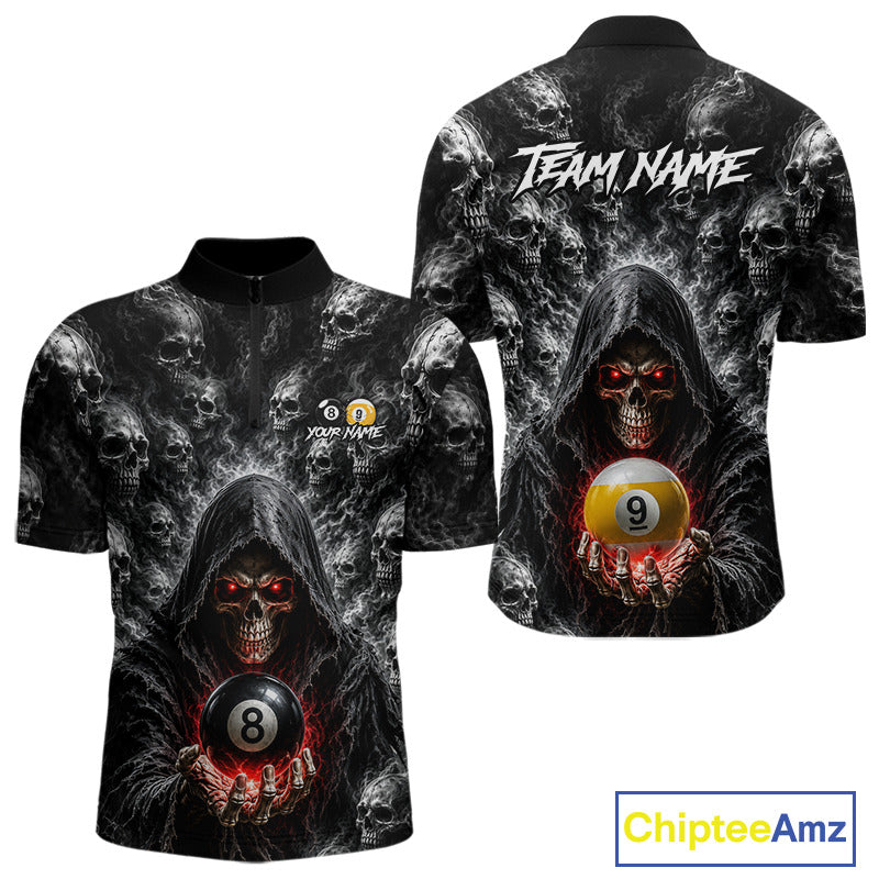 Men's custom quarter zip billiard jersey featuring Smoke Grim Reaper and 8 Ball & 9 Ball graphics, personalized pool tournament shirt for poolers  leagues, athletic custom team apparel.