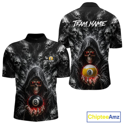 Men's custom quarter zip billiard jersey featuring Smoke Grim Reaper and 8 Ball & 9 Ball graphics, personalized pool tournament shirt for poolers  leagues, athletic custom team apparel.