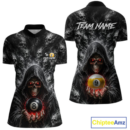 Women's custom quarter zip billiard shirt featuring Smoke Grim Reaper with 8 Ball & 9 Ball design, personalized APA league apparel, BCA tournament jersey, custom team uniform, cue sports clothing, breathable performance quarter zip.
