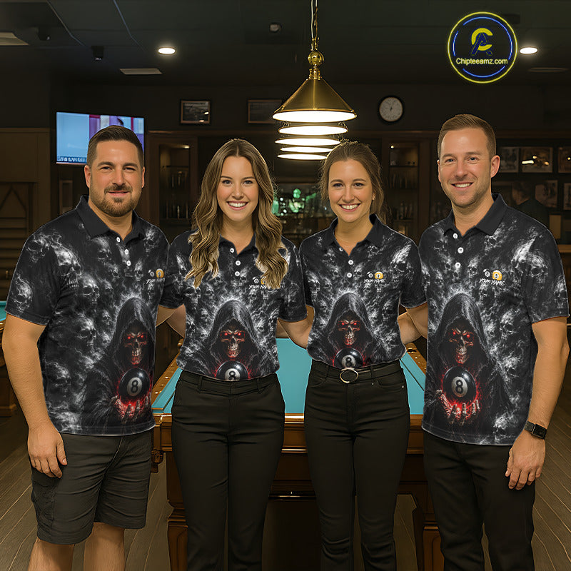 Professional billiard team wearing matching personalized Smoke Grim Reaper jerseys with custom names, pool league uniforms, tournament apparel, championship shirts, league team clothing, cue sports uniforms, matching club apparel.