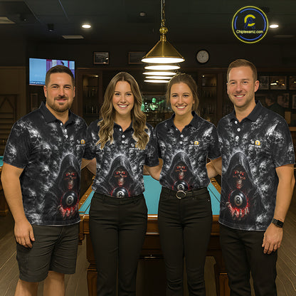 Professional billiard team wearing matching personalized Smoke Grim Reaper jerseys with custom names, pool league uniforms, tournament apparel, championship shirts, league team clothing, cue sports uniforms, matching club apparel.