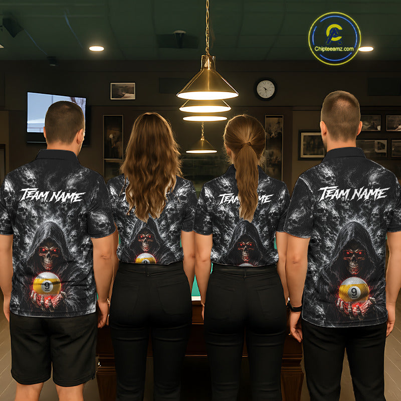 Professional billiard team wearing matching personalized Smoke Grim Reaper jerseys with custom names, pool league uniforms, tournament apparel, championship shirts, league team clothing, cue sports uniforms, matching club apparel.