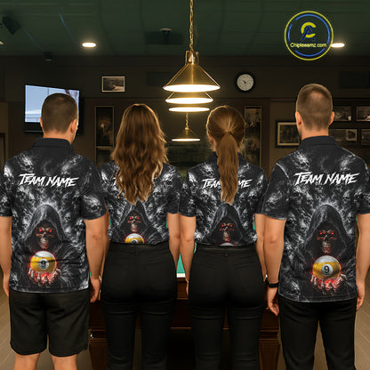 Professional billiard team wearing matching personalized Smoke Grim Reaper jerseys with custom names, pool league uniforms, tournament apparel, championship shirts, league team clothing, cue sports uniforms, matching club apparel.