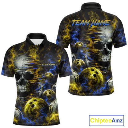 Custom Blue & Yellow Smoke Skull Bowling Shirts For Men Retro Skull Bowling Tournament Shirt NYN4143
