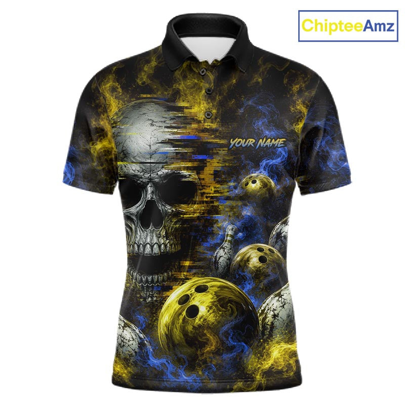 Custom Blue & Yellow Smoke Skull Bowling Shirts For Men Retro Skull Bowling Tournament Shirt NYN4143