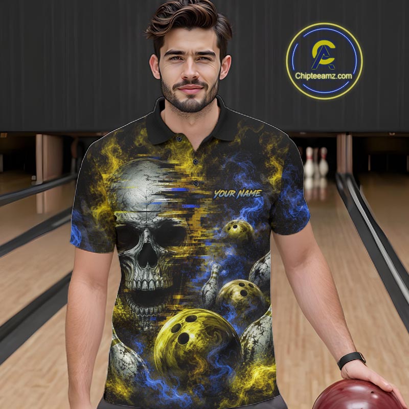 Custom Blue & Yellow Smoke Skull Bowling Shirts For Men Retro Skull Bowling Tournament Shirt NYN4143