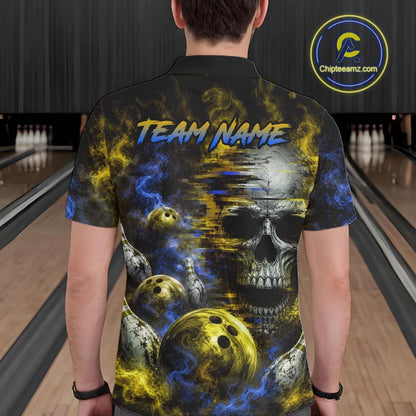Custom Blue & Yellow Smoke Skull Bowling Shirts For Men Retro Skull Bowling Tournament Shirt NYN4143