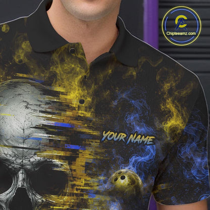 Custom Blue & Yellow Smoke Skull Bowling Shirts For Men Retro Skull Bowling Tournament Shirt NYN4143