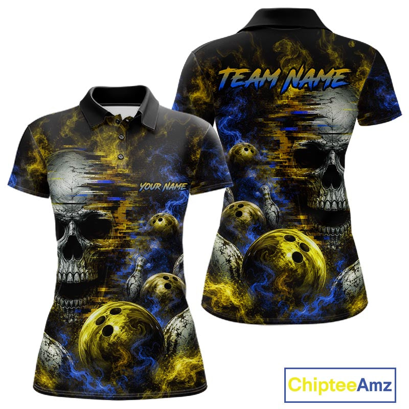 Custom Blue & Yellow Smoke Skull Bowling Shirts For Women Retro Skull Bowling Tournament Shirt NYN4143