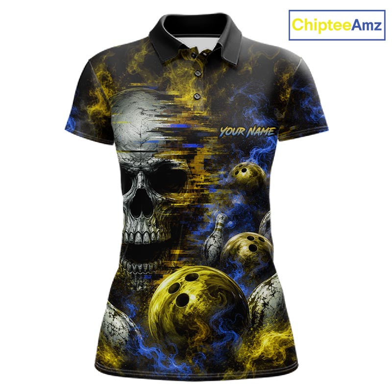 Custom Blue & Yellow Smoke Skull Bowling Shirts For Women Retro Skull Bowling Tournament Shirt NYN4143