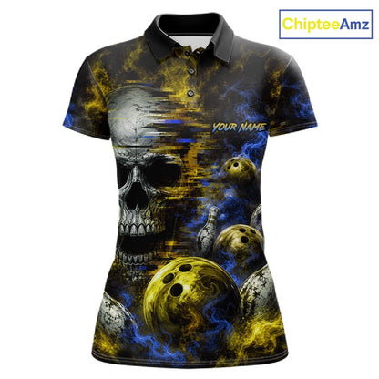 Custom Blue & Yellow Smoke Skull Bowling Shirts For Women Retro Skull Bowling Tournament Shirt NYN4143