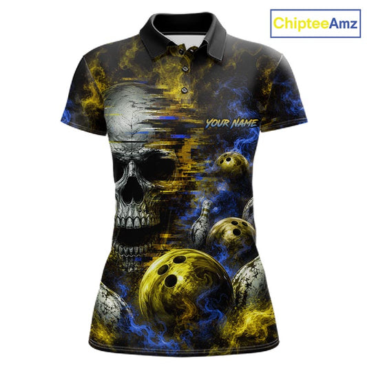 Custom Blue & Yellow Smoke Skull Bowling Shirts For Women Retro Skull Bowling Tournament Shirt NYN4143