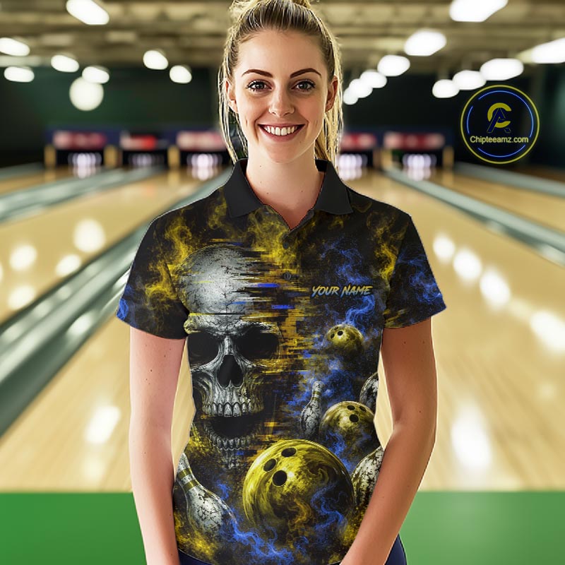 Custom Blue & Yellow Smoke Skull Bowling Shirts For Women Retro Skull Bowling Tournament Shirt NYN4143