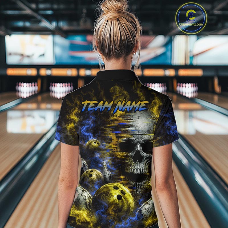 Custom Blue & Yellow Smoke Skull Bowling Shirts For Women Retro Skull Bowling Tournament Shirt NYN4143