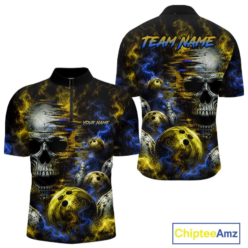 Custom Blue & Yellow Smoke Skull Bowling Shirts For Men Retro Skull Bowling Tournament Shirt NYN4143