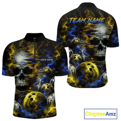 Custom Blue & Yellow Smoke Skull Bowling Shirts For Men Retro Skull Bowling Tournament Shirt NYN4143