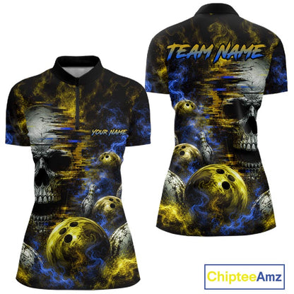 Custom Blue & Yellow Smoke Skull Bowling Shirts For Women Retro Skull Bowling Tournament Shirt NYN4143