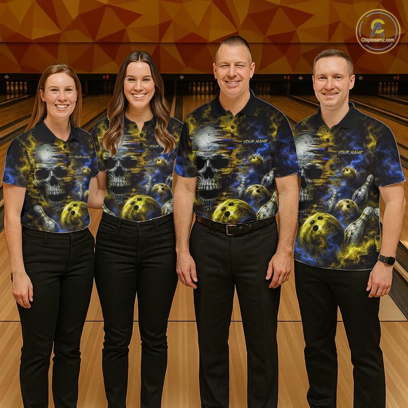 Custom Blue & Yellow Smoke Skull Bowling Shirts For Men Retro Skull Bowling Tournament Shirt NYN4143