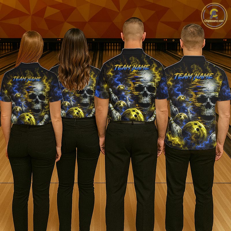 Custom Blue & Yellow Smoke Skull Bowling Shirts For Men Retro Skull Bowling Tournament Shirt NYN4143